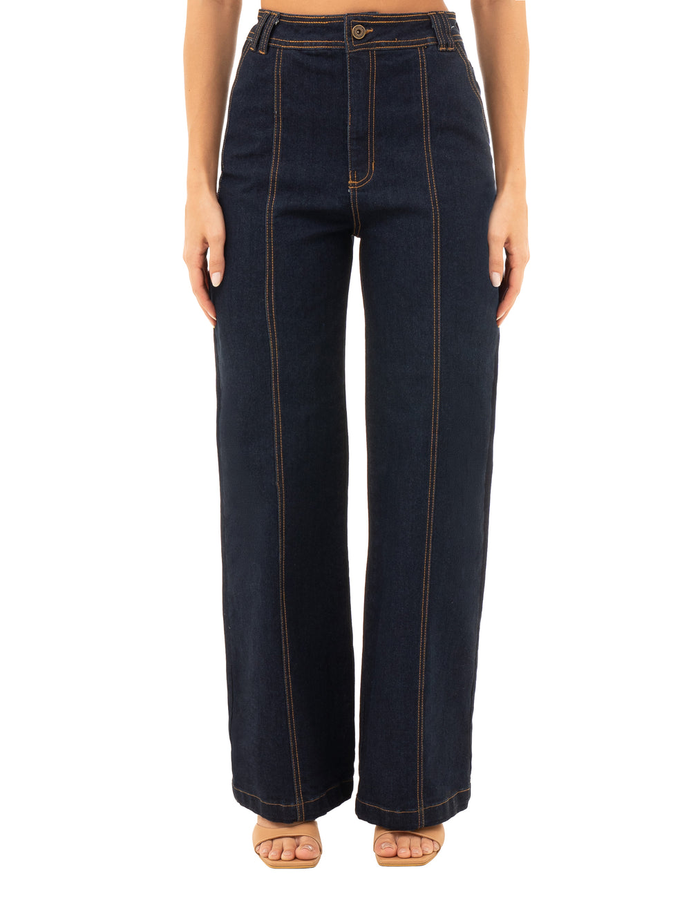 pantalón ancho para dama tipo jean con bota recta