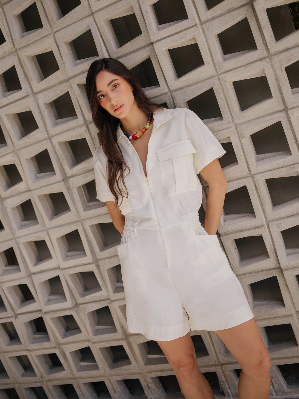 enterizo para mujer con bolsillos delanteros y cintura elastica