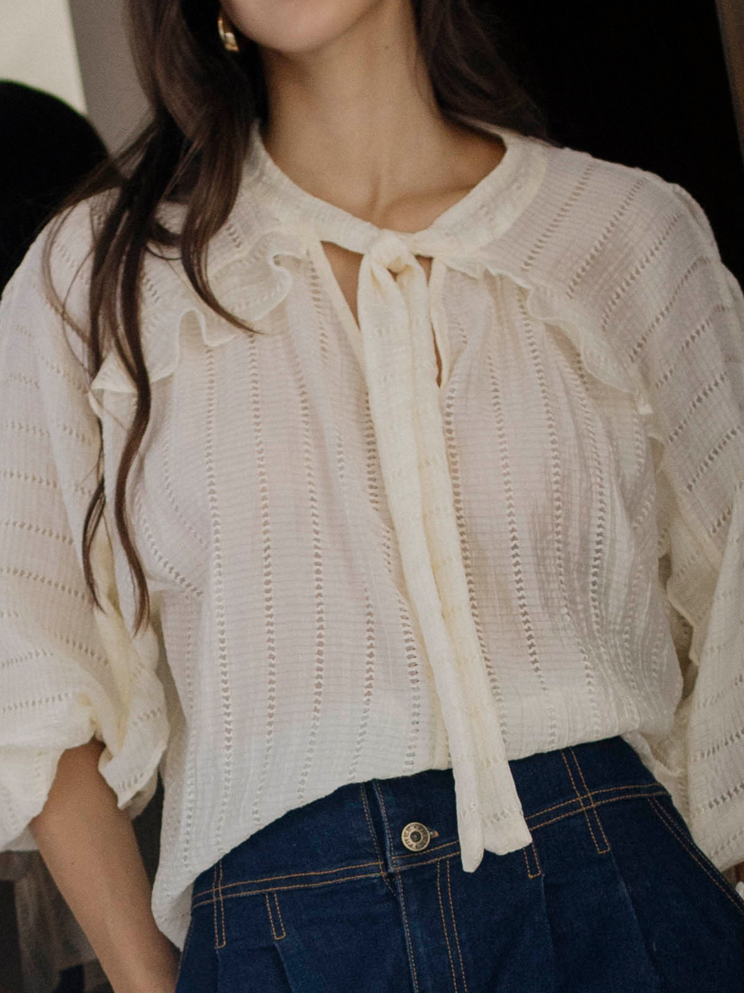 blusa para mujer manga larga con escote en V y lazo frontal