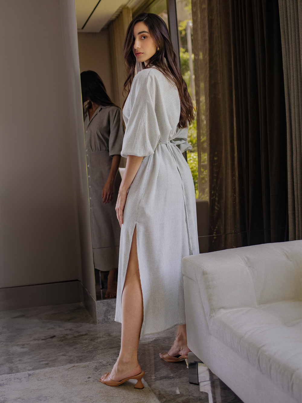 vestido elegante para dama en lino rayón con cintura ajustable