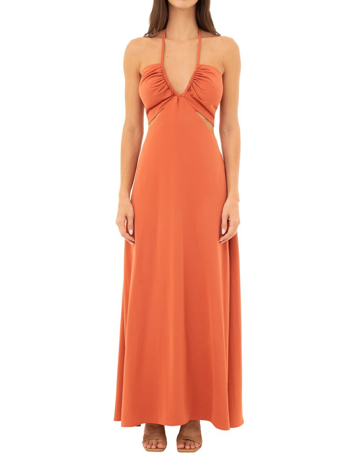 Vestido maxi con abertura en escote y diseño moderno en cintura