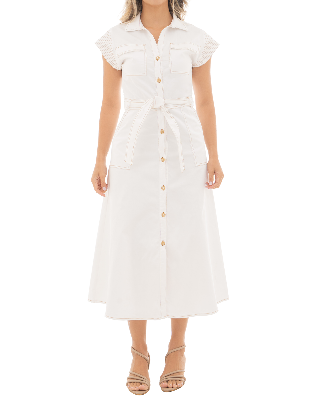 vestido largo en algodón stretch con mangas cortas tipo casquillo