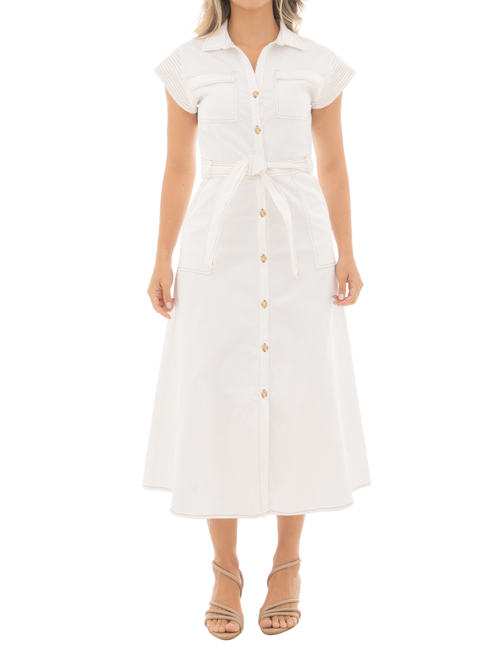 vestido largo en algodón stretch con mangas cortas tipo casquillo